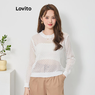 Lovito Blusa Manga Longa Vazada de Praia Para Mulheres LNL37170 (Branco)