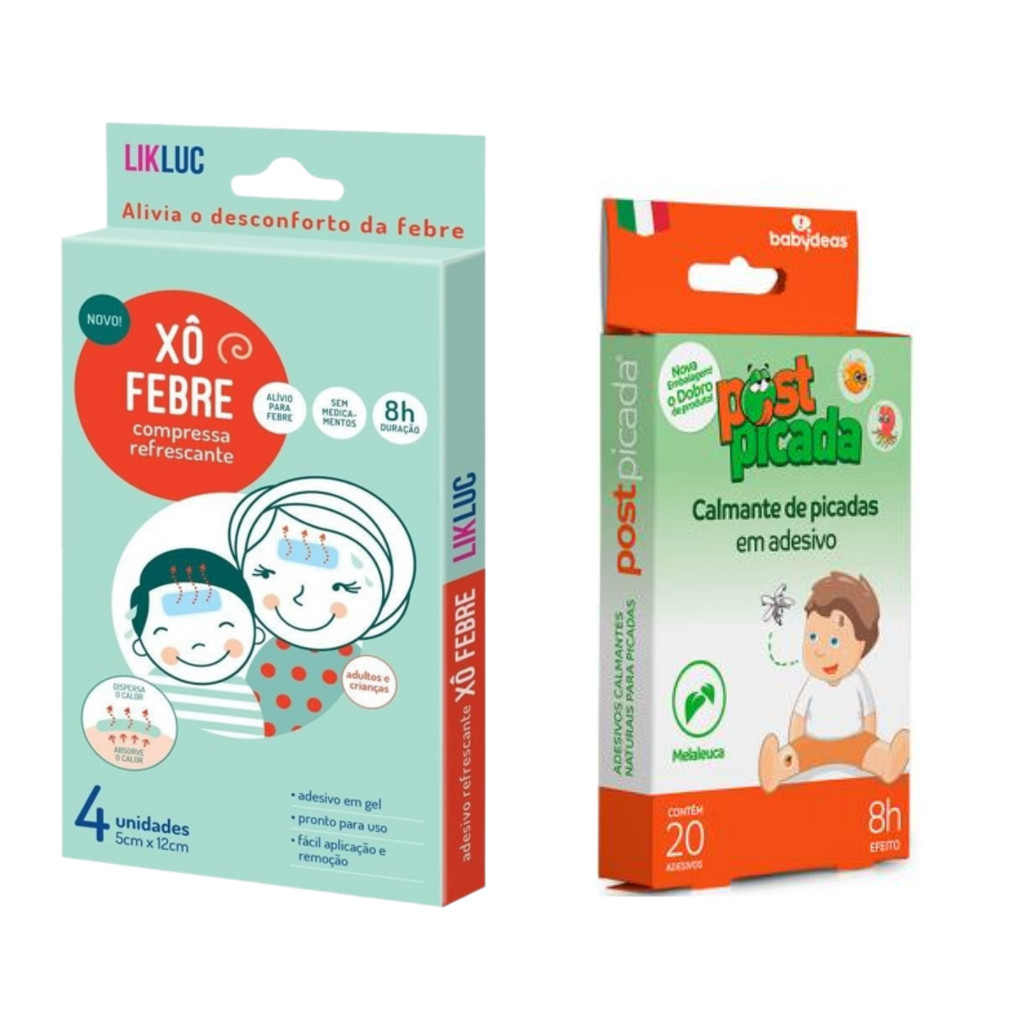 KIT Xô Febre Alivio Febre Compressa Gel e Adesivo Post Picada Inseto Bebê Evita Coceira