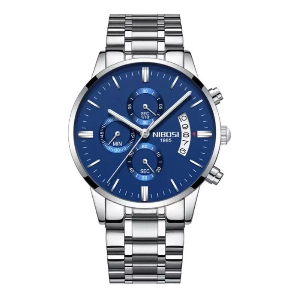 Relógio Masculino Nibosi 2309 Prateado Visor Azul Aço Inoxidável 43mm Cronógrafo funcional