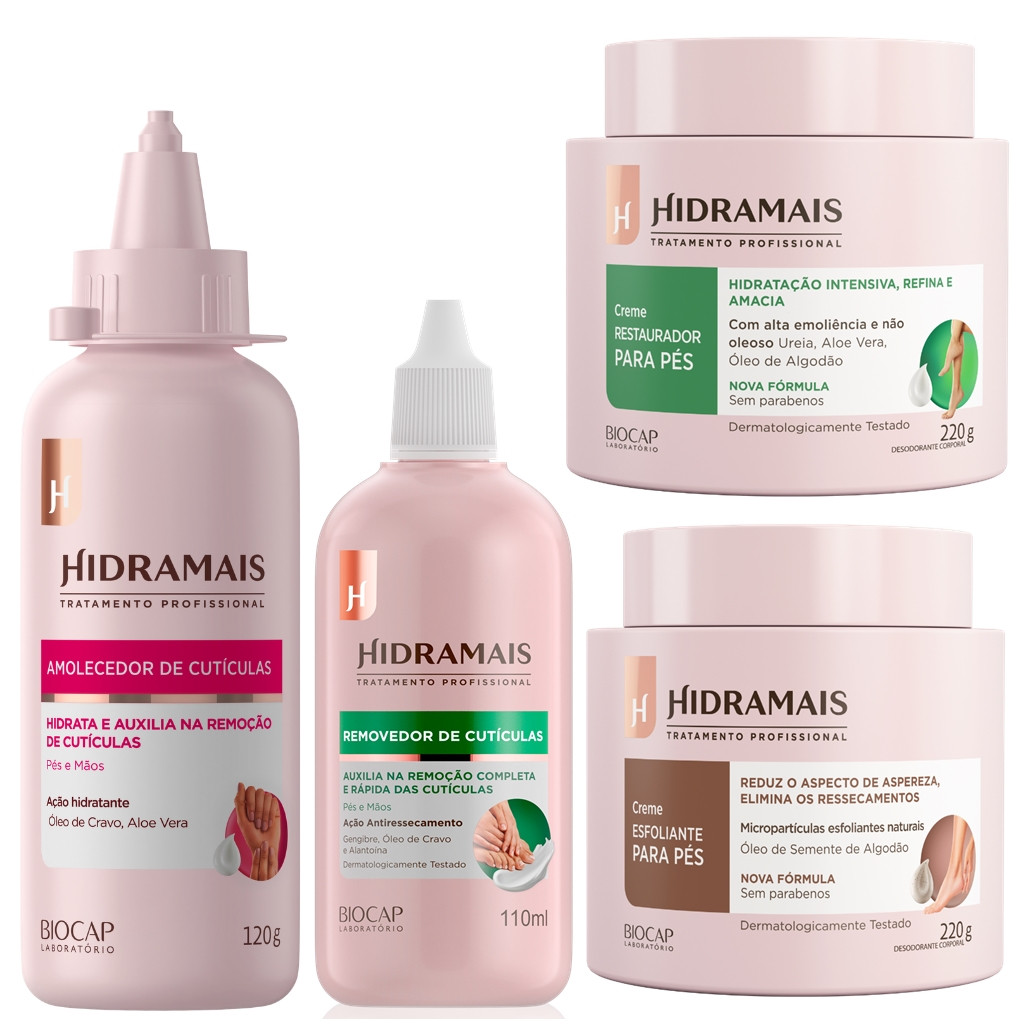 KIT: Amolecedor Cutículas 120g+Removedor de Cutículas 110ml+Restaurador e Esfoliante Pés 220g HIDRAMAIS