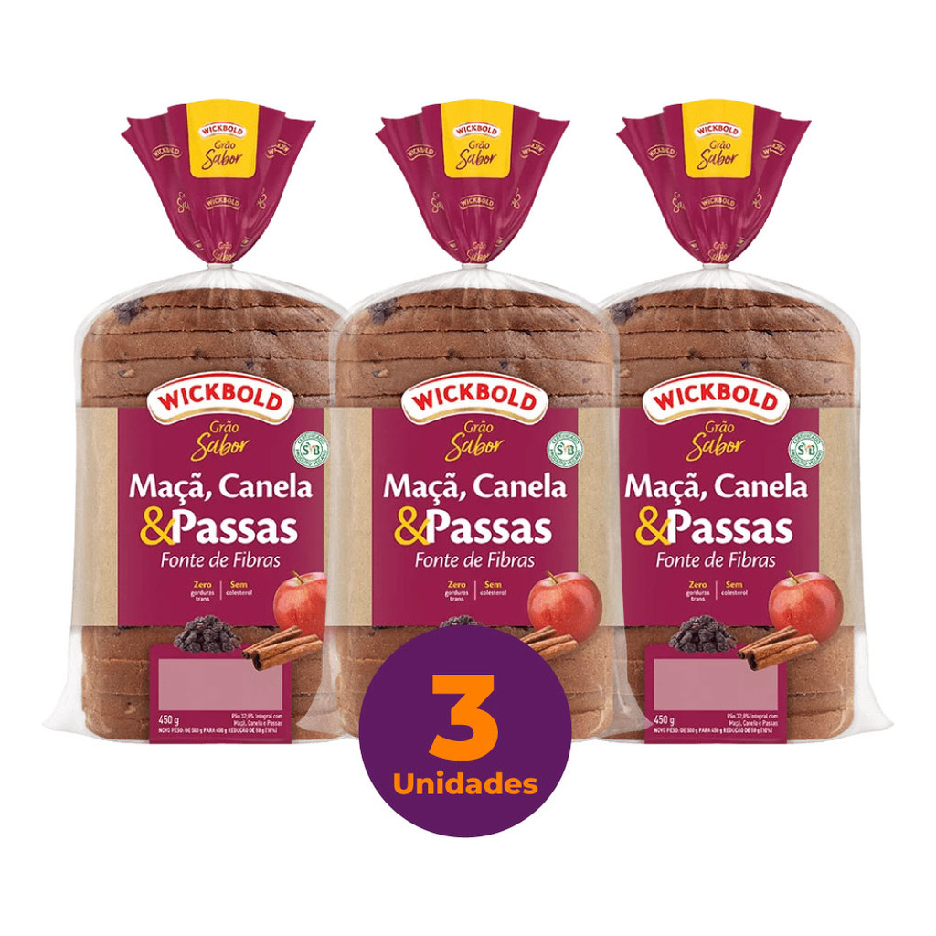 Kit 3 Pão De Forma Integral Wickbold Maçã Canela Passas 450g em Oferta na Shopee