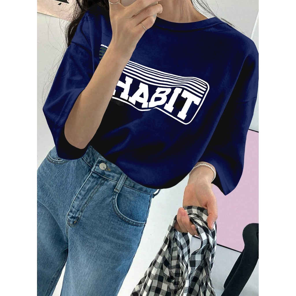 T Shirt Azul Marinho Bordada Unissex Estampa Habit Retangular Listras Geométricas Oversized