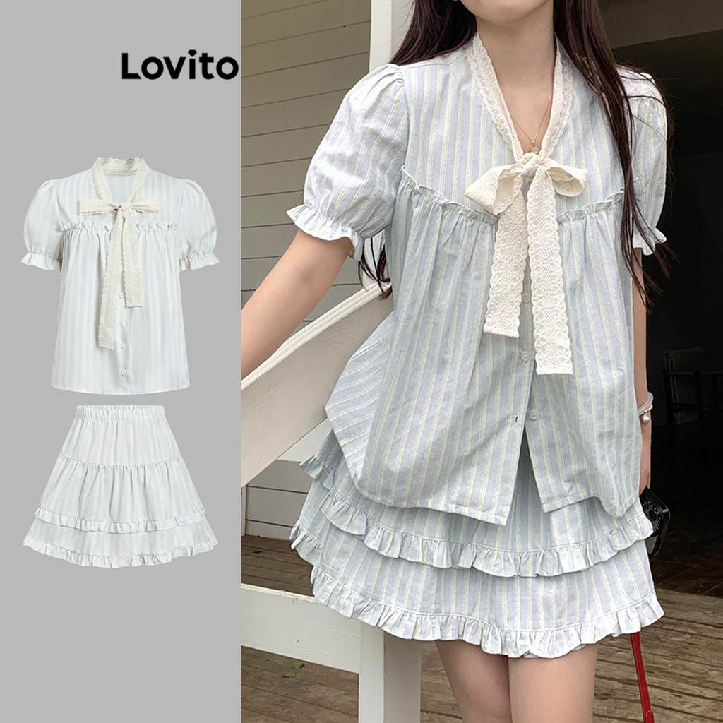 Lovito Tops Fofos Listrados Com Gola Contrastante E Renda Ou Calças De Verão/Primavera Para Mulheres L122AD058 em Oferta na Shopee