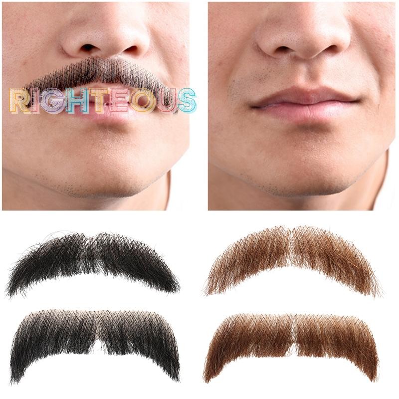 Rightrous 100 % Cabelo Humano Barba Renda Malha Rasa Curto Realista Bigode Falso Para Homens Maquiagem Facial Feito À Mã