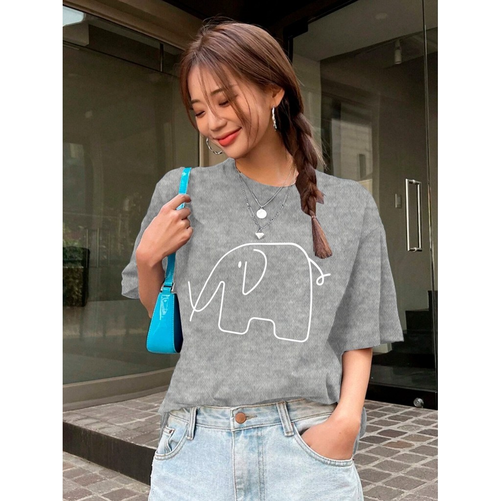 T Shirt Oversized Feminina Estilosa Blogueira Minimalista Blusa Aesthetic Desenho Elefante Camisa