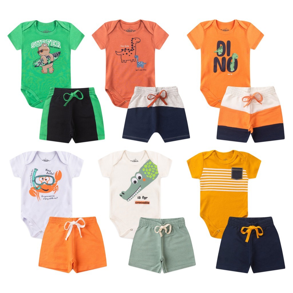KIT 3 BODY SORTIDO MENINO 6 PEÇAS DE ROUPA PARA BEBE 3 BODYS 3 BERMUDAS