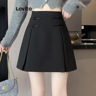 Lovito Casual Saia Feminina Lisa Plissada com Botão LNE40183