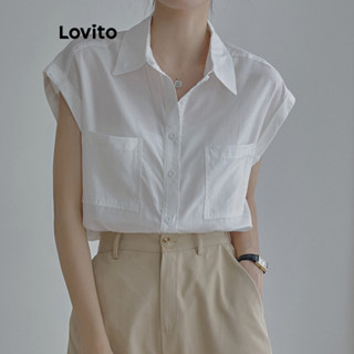 Lovito Blusa Casual Com Bolso Liso Para Mulheres LNL36088 (Branco)