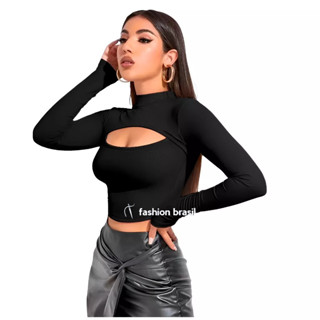 Cropped Manga Longa Gola Alta Canelado Decote Vazado Busto Sexy