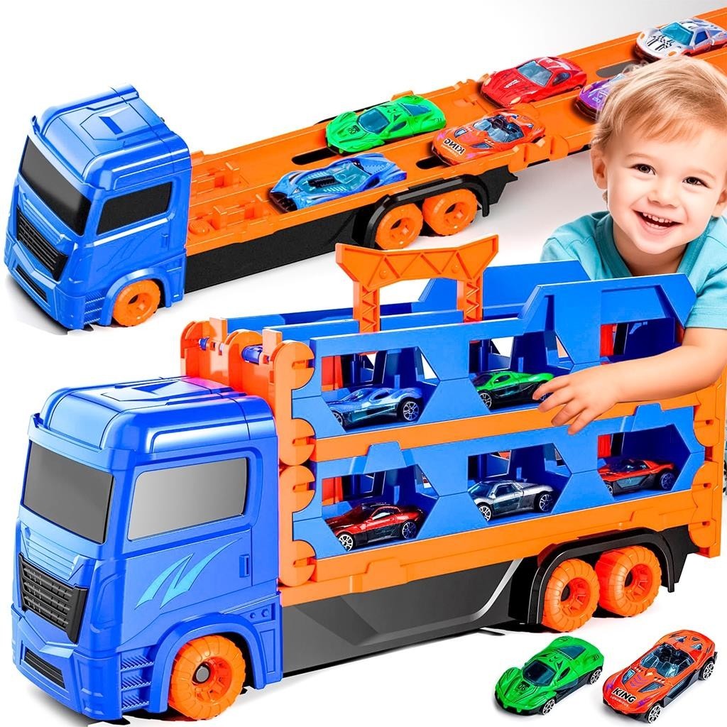 caminhao Transport Cegonha Carreta Que Vira Pista De Corrida Com Ejecao 1,55m Brinquedo Co...