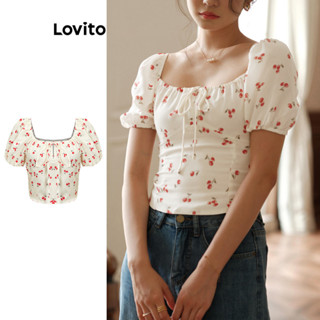 Lovito Casual Blusa com Detalhe de Amarração e Franzido de Frutas e Vegetais para Mulheres L80ED058