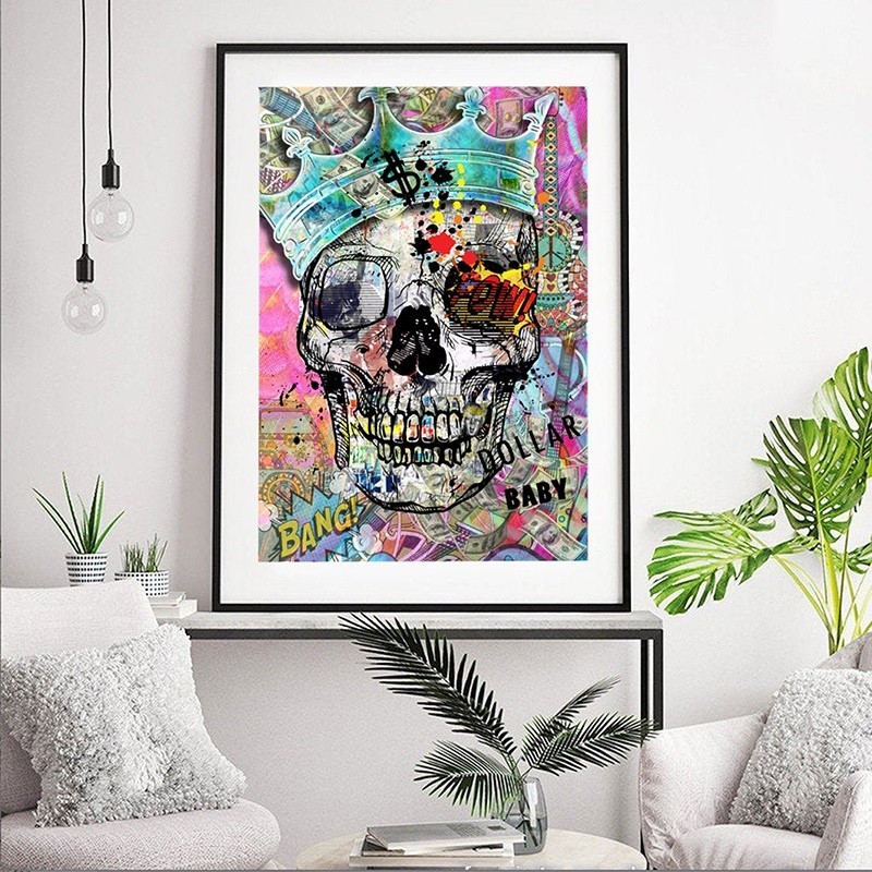 Quadro decorativo 1 peça 40x60 Pop arte do crânio arte de rua moderno caveira grafite para sala quarto full hd copa shop3