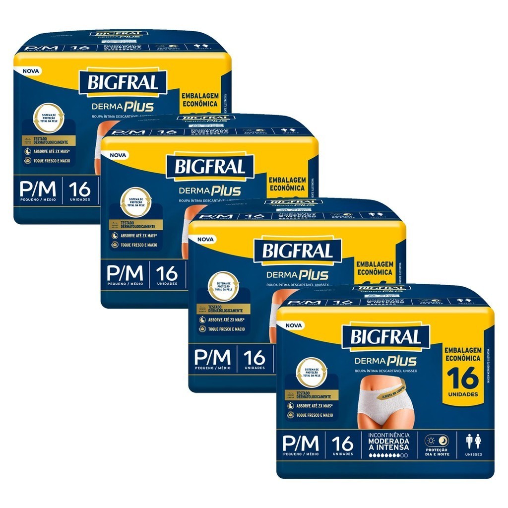 Kit 4 Roupas Íntima Bigfral Pants Derma Plus P/M com 16un cada - Health