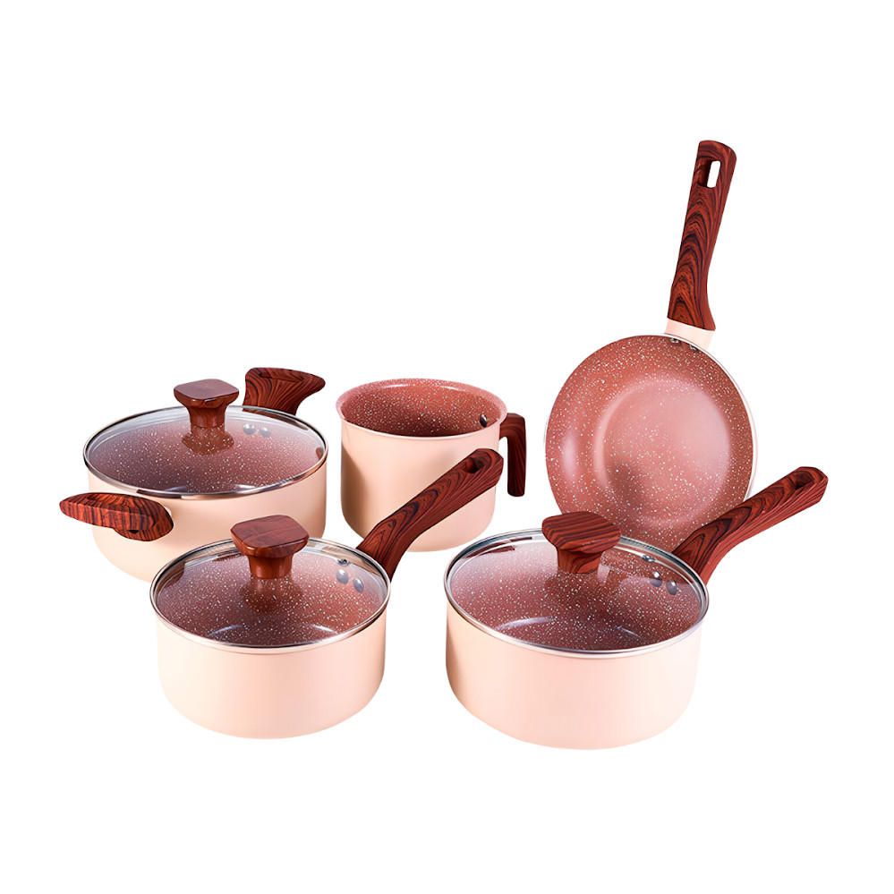 Conjunto Jogo 5 Panelas Caçarola Frigideira Leiteira Panela Grande Pequena Cozinha Rose Creme Multiuso Indução Versátil