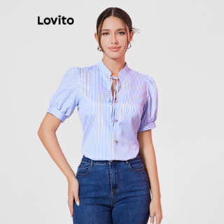 Lovito Elegante Blusa Feminina Listrada de Amarrar LBL08299