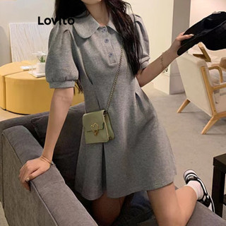 Lovito Casual Vestido Feminino Liso Plissado com Botão LNA35033 (Cinza)