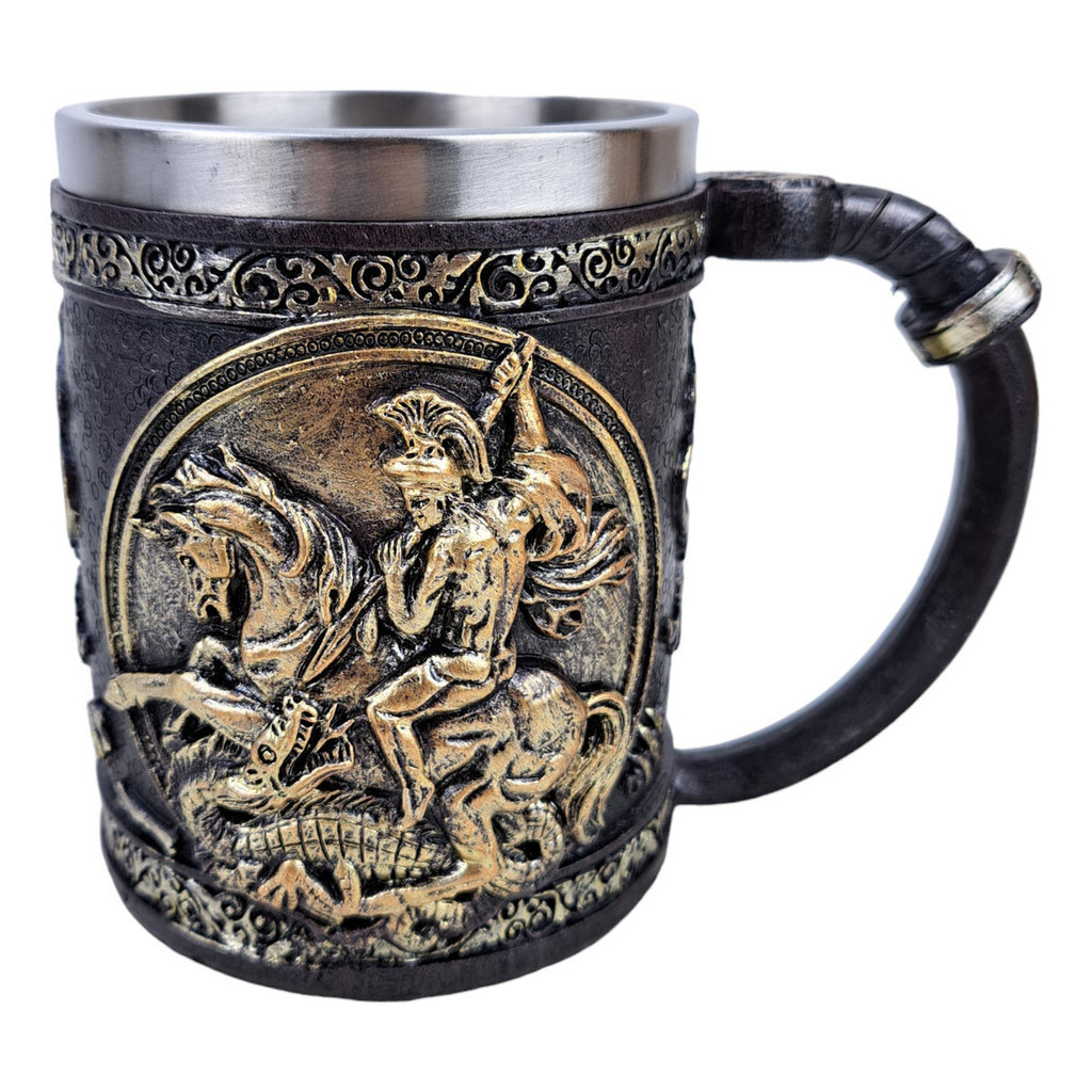 Caneca Medieval Artesanal  São Jorge Geek 3D em Resina Copo em Aço Inox Grande Térmico Chopp Cerveja Presente 400ml