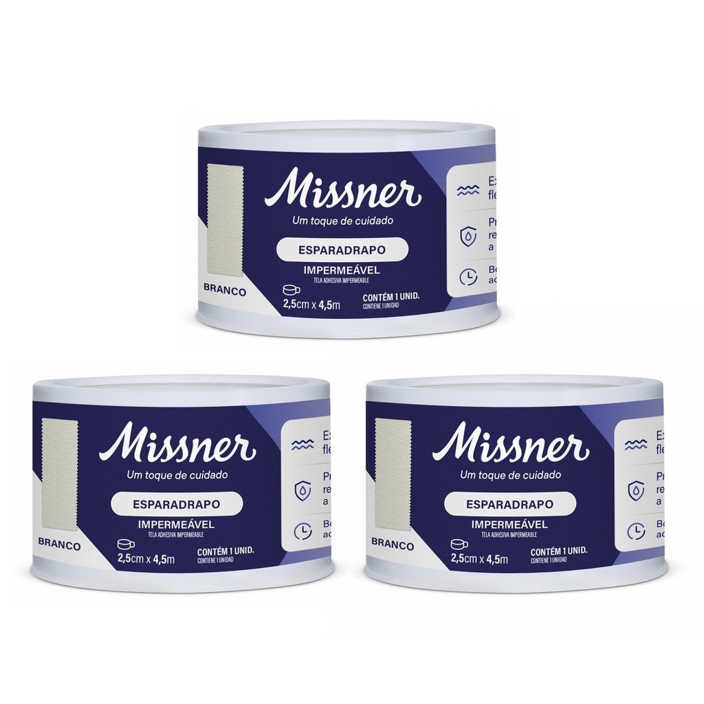 Kit 3 Esparadrapo Impermeável 2,5cm X 4,5m Branco - Missner