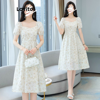 Lovito Vestido Plissado Assimétrico Casual Com Botões Florais Para Mulheres LNE42383