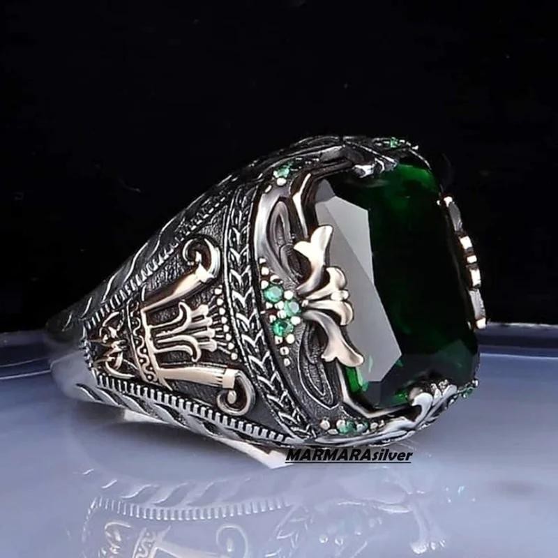 Vintage Metal Craftsman Carved Sign Ring Green Zircon Men's Luxury Ring Personality Vintage Punk Ring