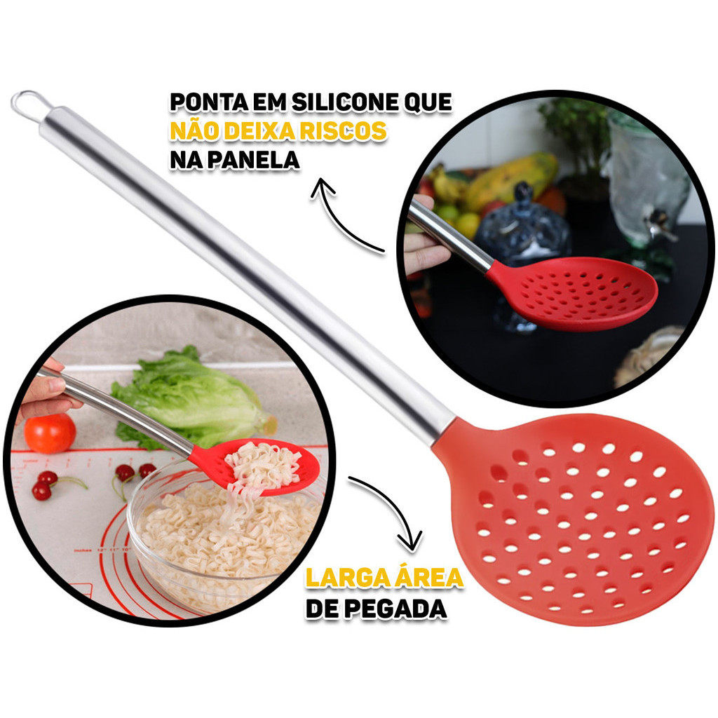 Escumadeira De Silicone Colher Para Servir Cabo Em Aço Inox Utensílio Para Cozinha 34cm em Oferta na Shopee