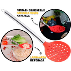 Escumadeira De Silicone Colher Para Servir Cabo Em Aço Inox Utensílio Para Cozinha 34cm