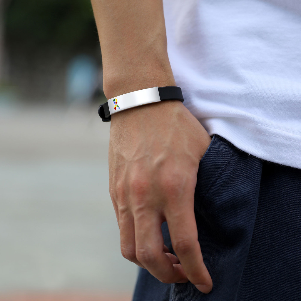 Detalhes do Vnox Pulseira Personalizada Gratuita De Autismo Para Homens , Gravada Em Aço Inoxidável Com De Silicone Mulheres De Contato De Emergência ICE