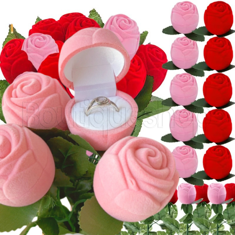 [Destaque] Caixa De Anel De Flor De Rosa Flocada-Adereços De Proposta-Caixas De Pacotes De Presente-Estojo De Armazename