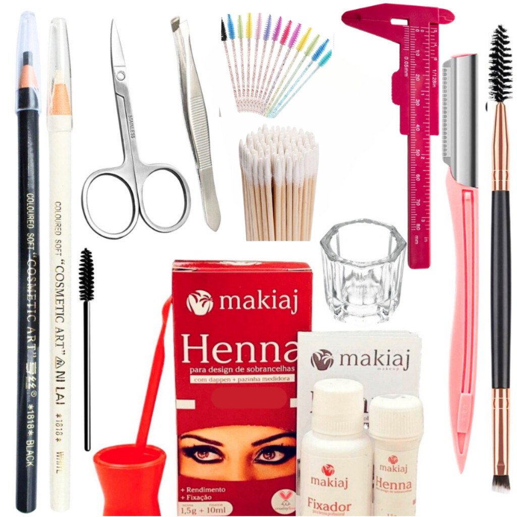 Kit Sobrancelha Profissional Henna makiaj + Navalha + Paquímetro + Tesoura + Pincel + Dappen + Lápis + Palito em Oferta na Shopee
