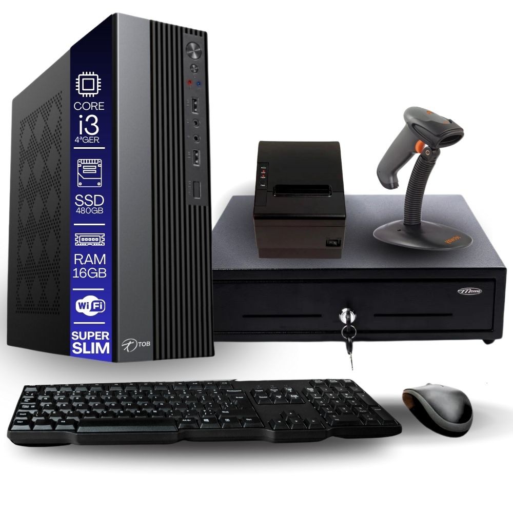 Kit PDV TOB Intel i3 4ªG 16GB SSD 480GB Win10 Rede SFio Teclado Mouse Gaveta Dinheiro ImpTérmica Leitor Código de Barras