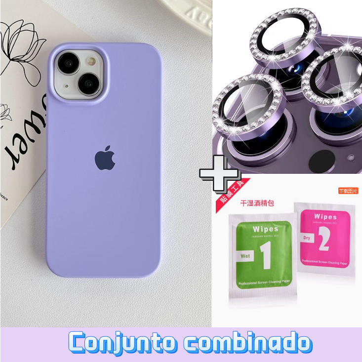 Capa Silicone Aveludado Original Para + Kit Lente Película De Câmera Diamante Para iphone11 12 13 14 15promax