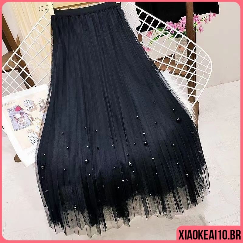 Saia Tule Elegante Forrado Moda Feminina Adulto Saia De Tule saia evasê Confortável Midi Preto Cintura Alta