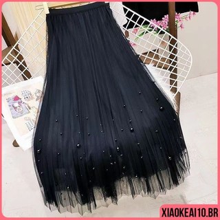 Saia Tule Elegante Forrado Moda Feminina Adulto Saia De Tule saia evasê Confortável Midi Preto Cintura Alta