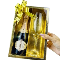 05~25 Caixa OURO com visor p/ Mini Champanhe e Taça ASSK (CHOCO)