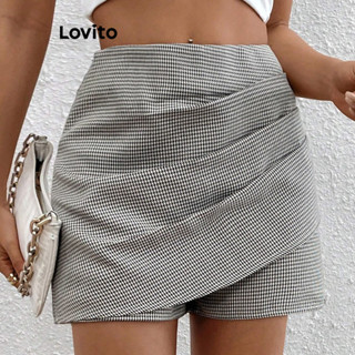 Lovito Shorts Plissados Assimétricos Elegantes De Guingão Para Mulheres LBL08065
