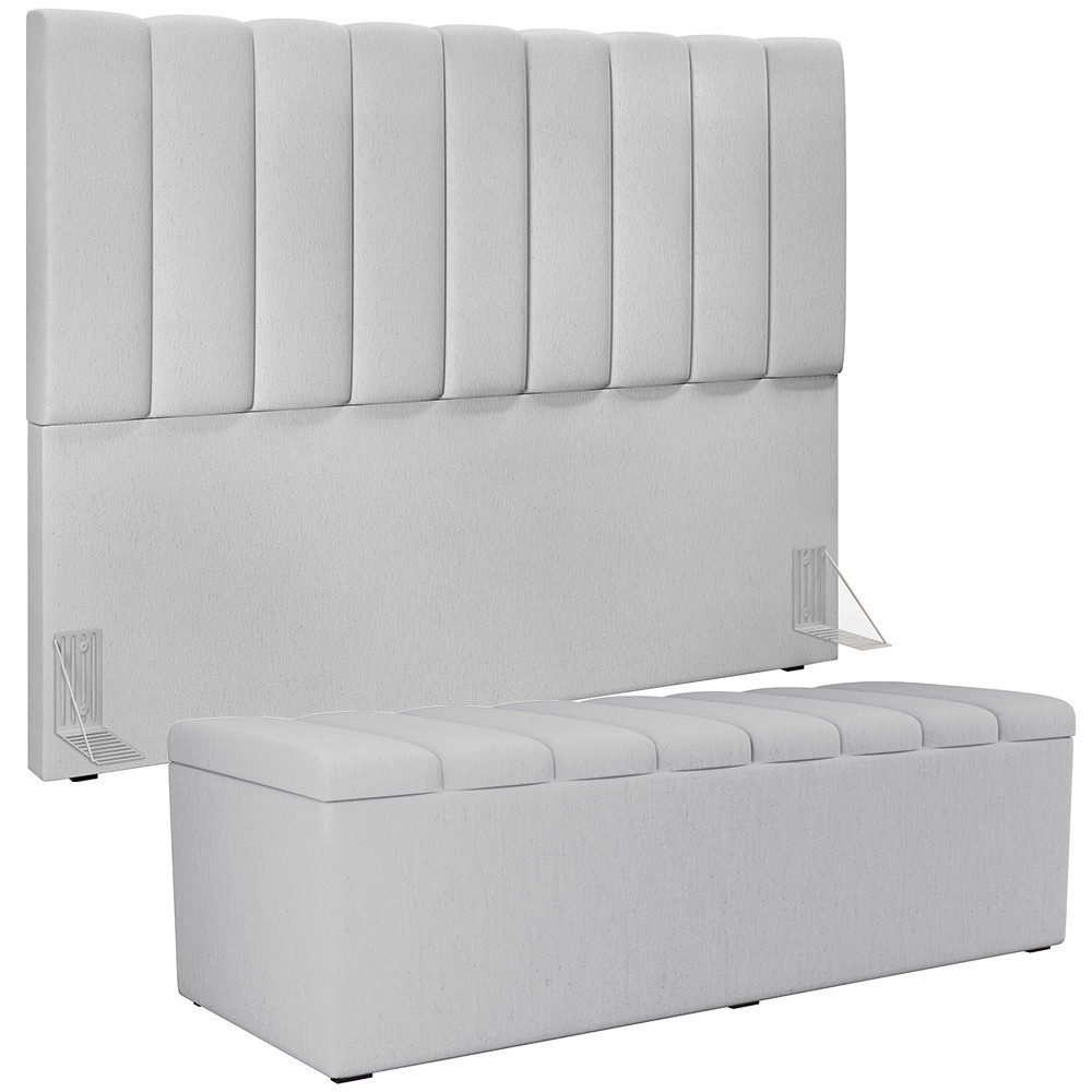 Kit Cabeceira Cama Box Casal Queen 160cm Com Calçadeira Baú Dália W01 Linho Cinza - Lyam Decor - Home & Living