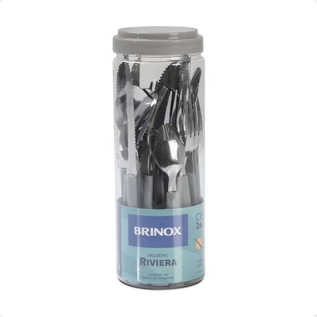 Faqueiro 24 Peças em Aço Inox Riviera Cinza com Pote de Plástico Brinox - 6025/732 em Oferta na Shopee
