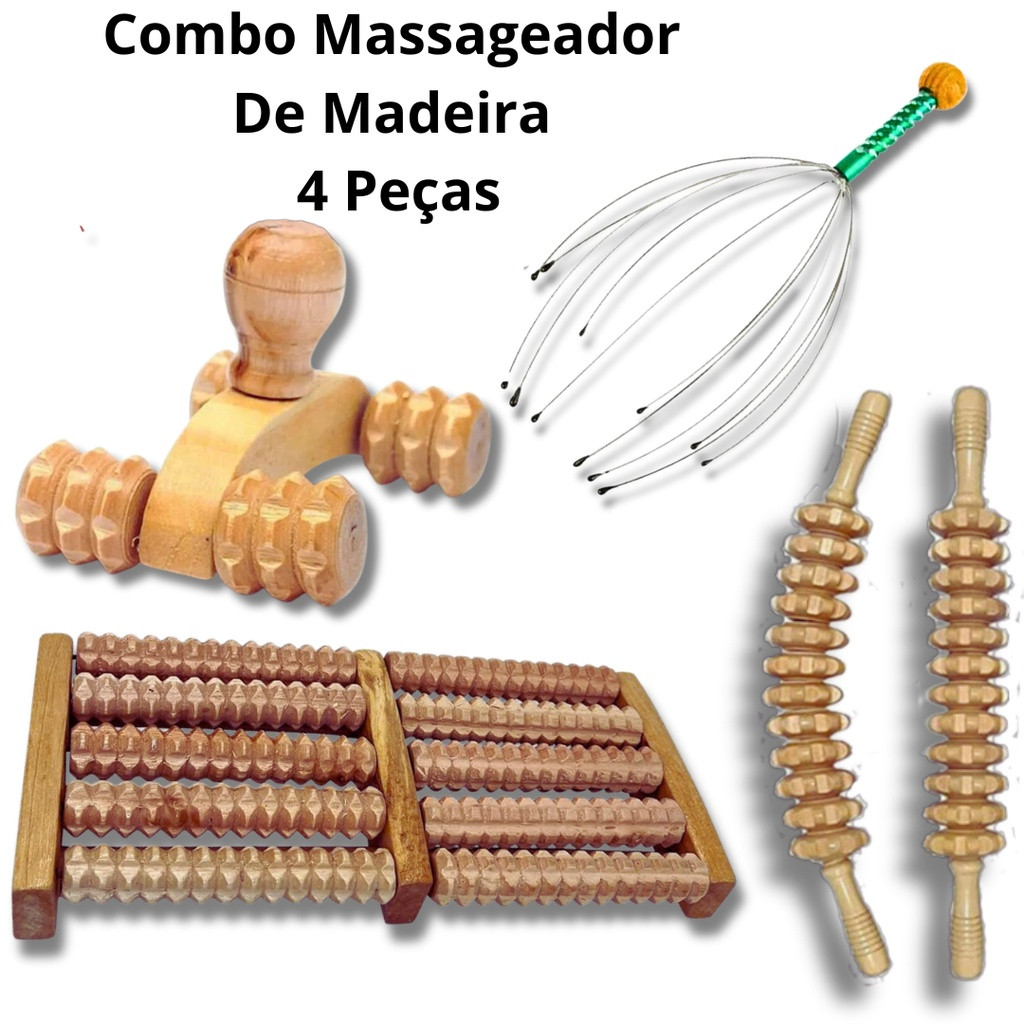 Kit Massageador Manual para Pés + massageador para cabeça + carrinho massageador de Pés + Rolo Bastao Massageador