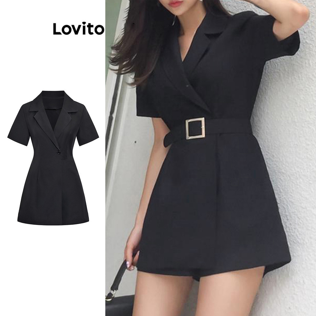 Lovito Macacão com Cinto Básico para Mulheres LNE39430 (Preto)