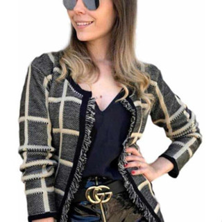 Cardigan Kimono Casaquino Sueter Tricot Xadrez Roupas Femininas