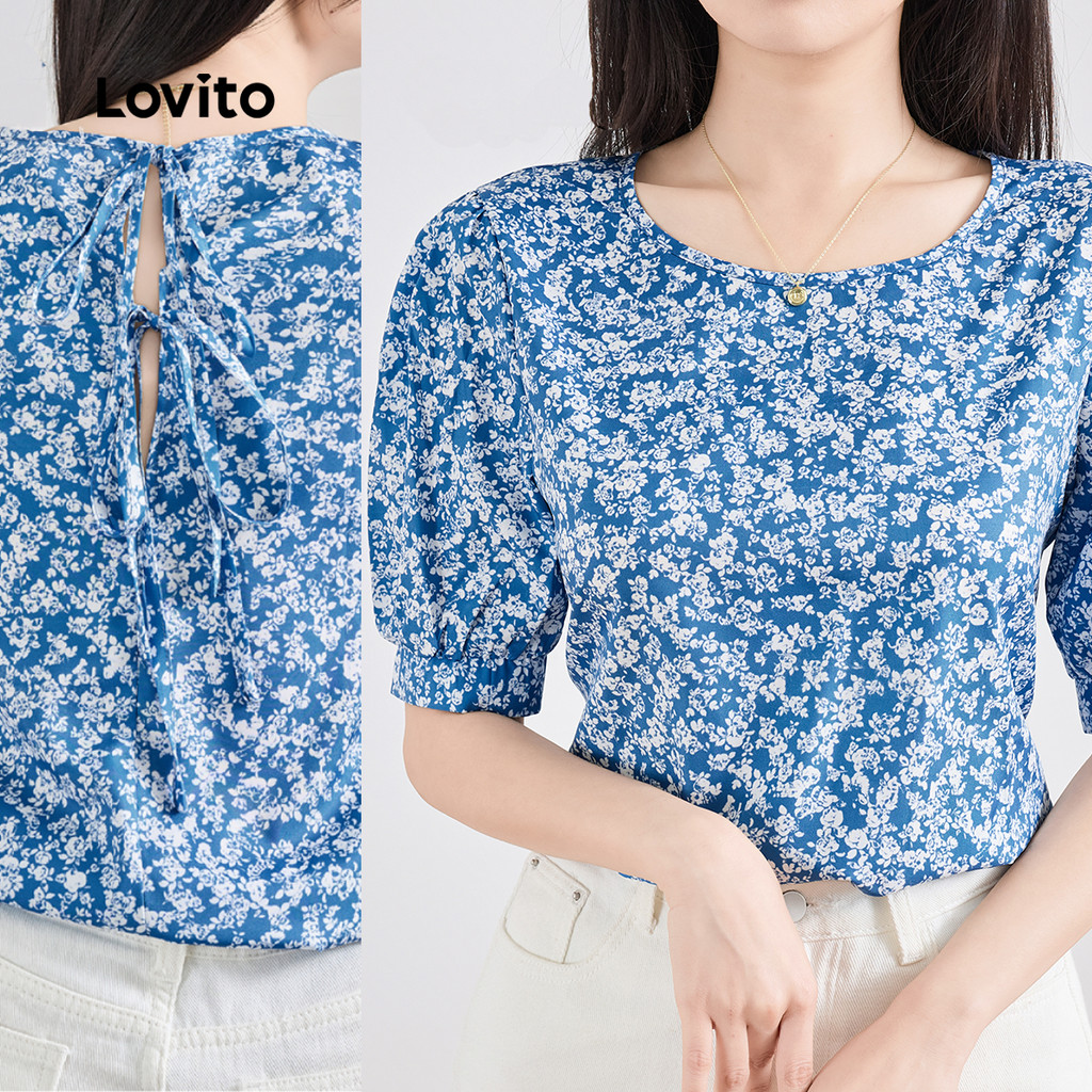Lovito Blusa Elegante Ditsy Floral Tie Back Mangas Bufantes Blusa De Verão/Primavera Para Mulheres L120ED1056 - Women Clothes