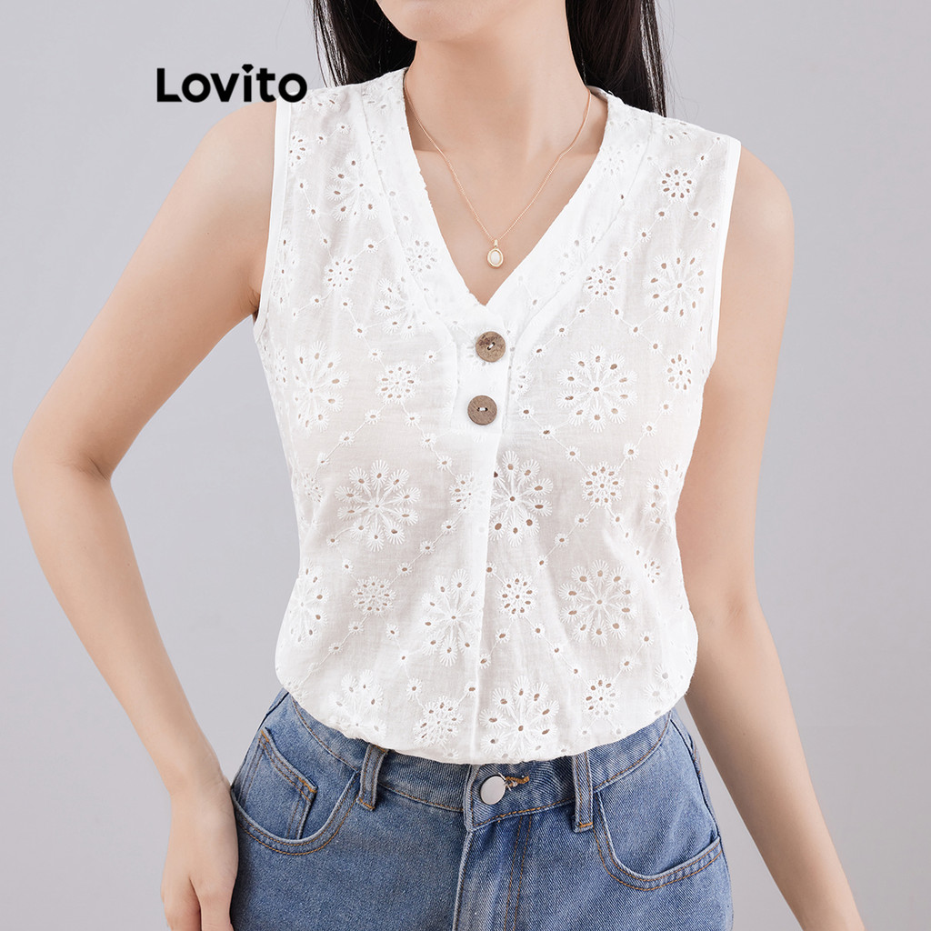 Lovito Boho Top Ilhó Bordado Botão Verão/Primavera Regata Feminina L121MD039 em Oferta na Shopee