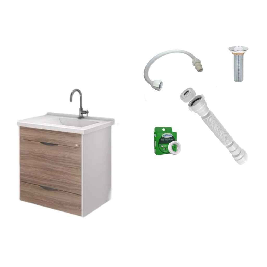 Gabinete Toucador Roma Marrom com Espelheira e Torneira Cromada Kit Completo