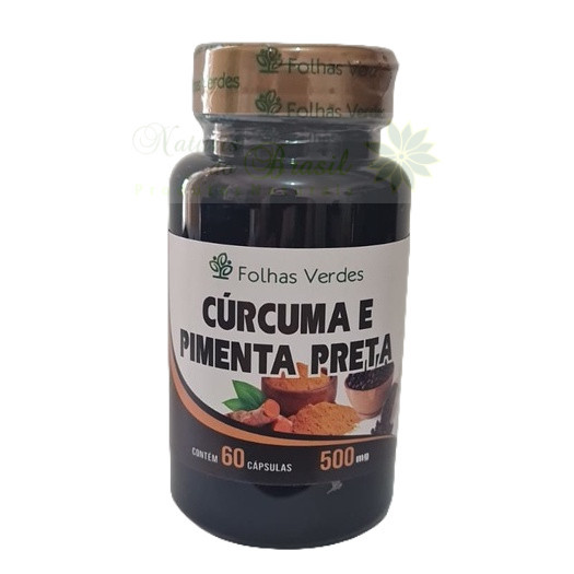 Cúrcuma e Pimenta Negra 500mg PREMIUM 60 Cápsulas - Folhas Verdes