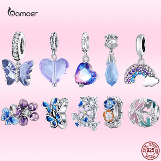 Bamoer 925 Sterling Silver Butterfly Charms Beads Purple Flower Pingente Arco-Íris Pulseiras Originais De Bricolage Bangle Jewelry Gifts