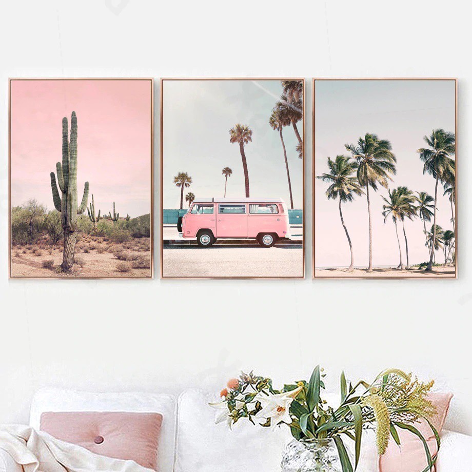 Quadro decorativo 3 peças good vibes rosa colorido ônibus cactos praia para quarto sala