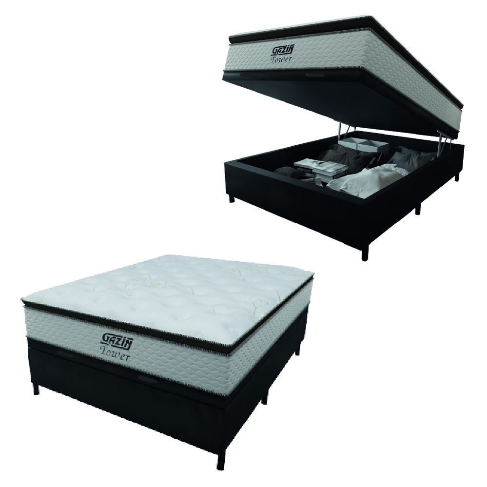 Cama Box Baú Casal Colchão Molas Pocket Ensacadas Tower 138x188x75cm Branco / Preto Gazin - Suporta até 120kg por Pessoa - Home & Living