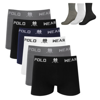 Kit 6 Cueca Boxer Polo Wear Microfibra Sortido + 3 Meias M15