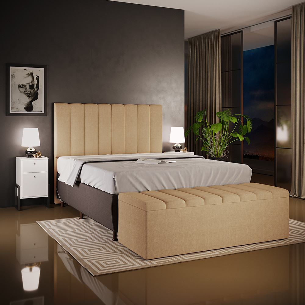 Kit Cabeceira Cama Box Casal 140cm Calçadeira Recamier Baú Dália W01 Linho Bege Escuro - Lyam Decor em Oferta na Shopee