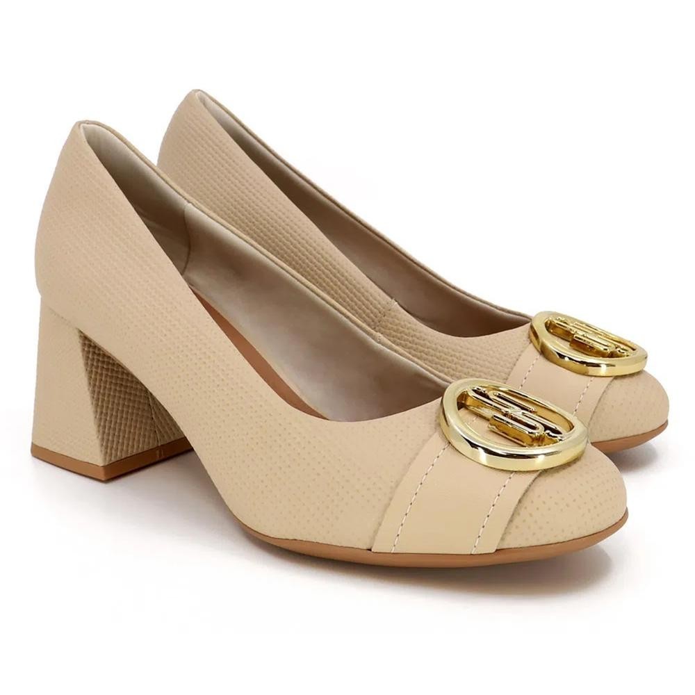 Scarpin Couro Usaflex Salto Bloco Fivela Monograma - Bege